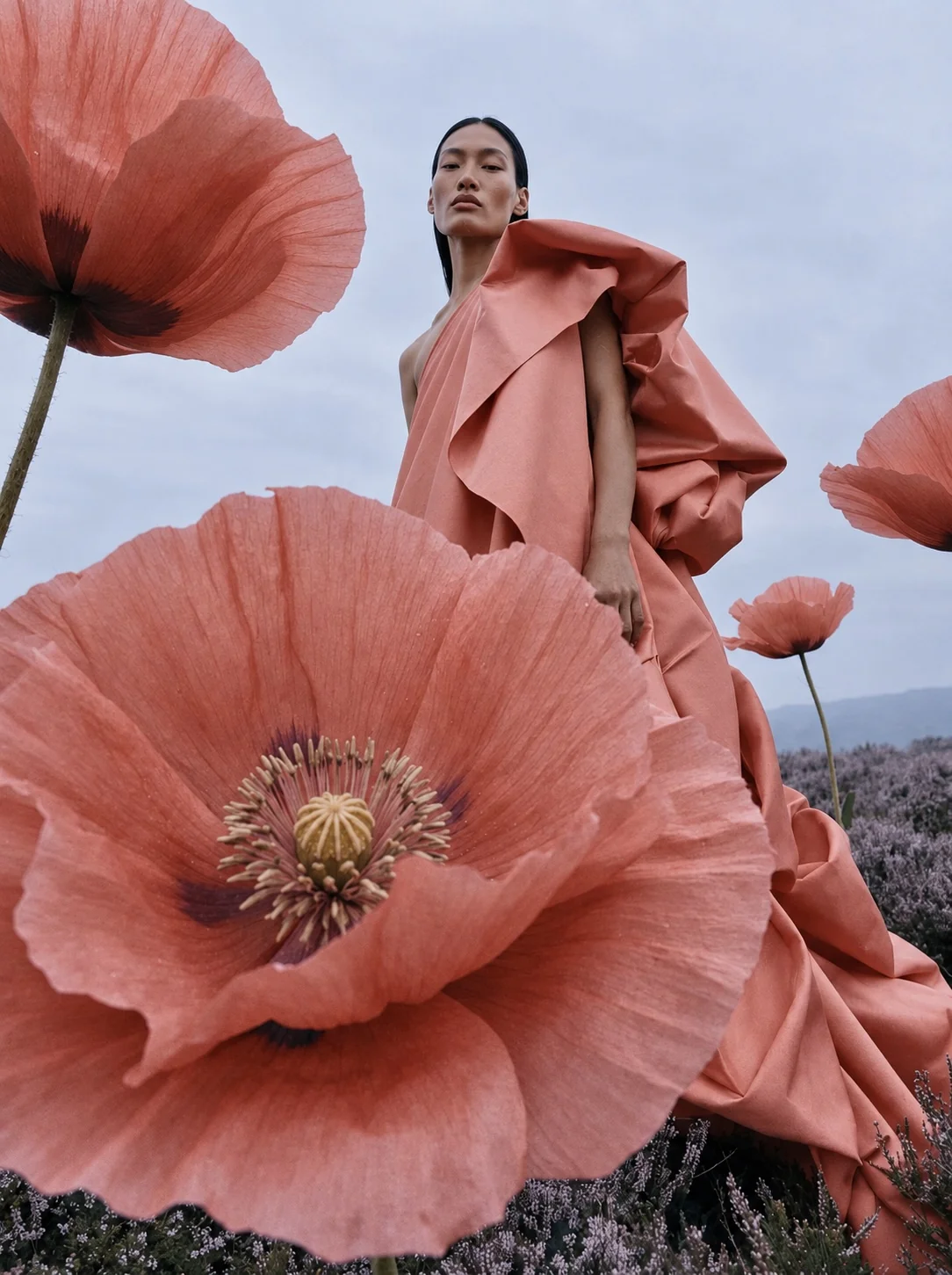 Woman in a ruffled pink dress behind a giant poppy bloom, misty mountains behind