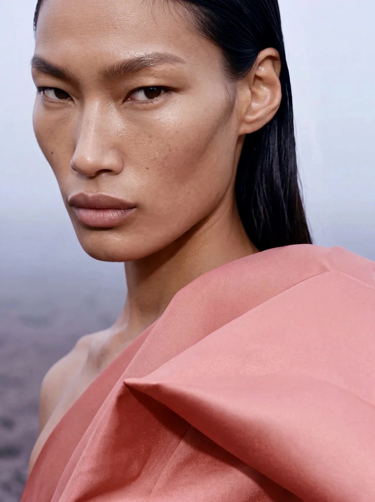 Close-up beauty portrait of the model in the pink high-collared dress